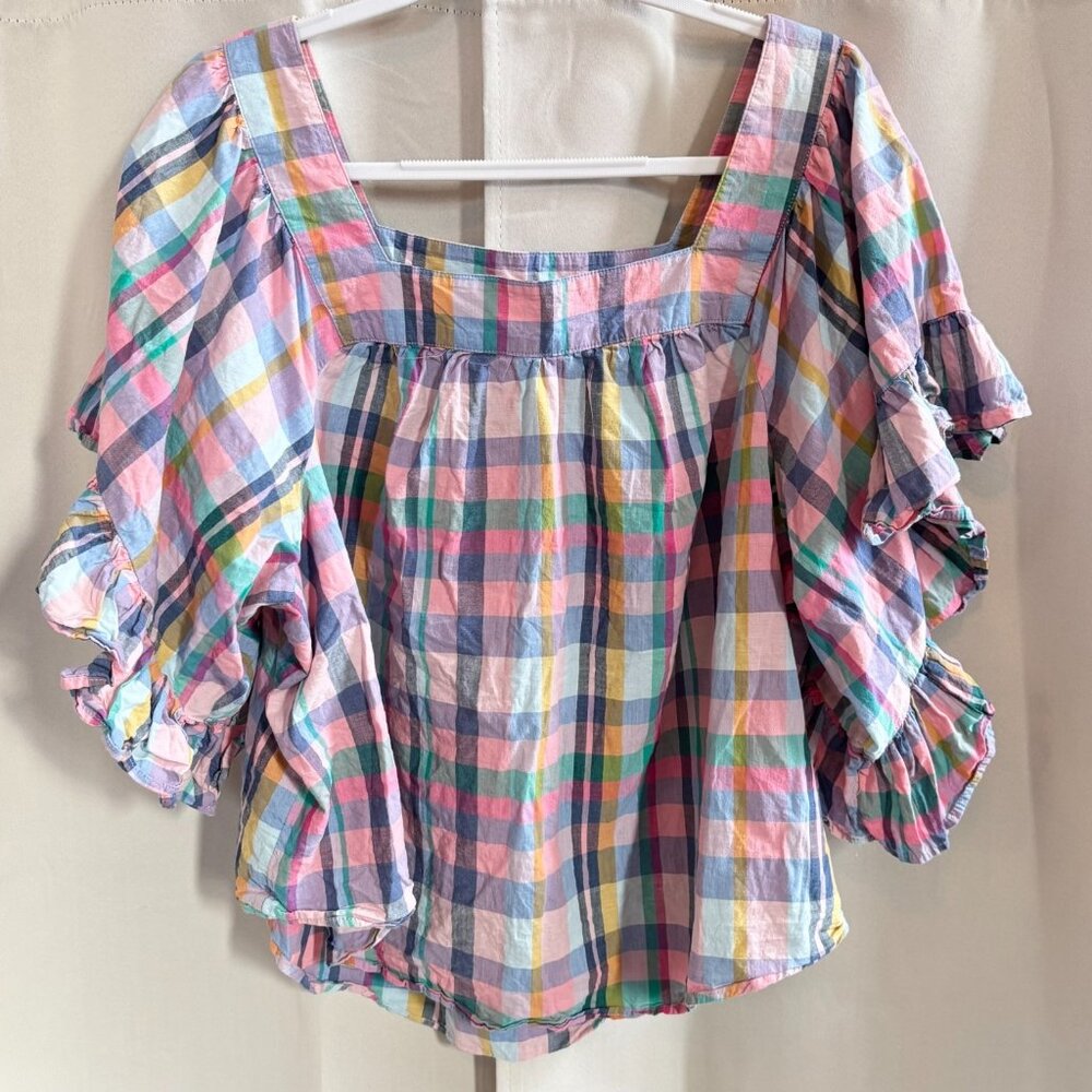Terra Sky Womens‎ Top Coastal Cowgirl  Size 1X Western Boho Plaid Milkmaid 19114